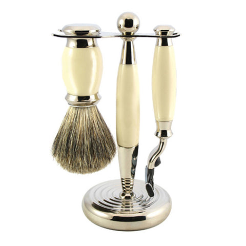 Shaving Set, 3-Piece Faux Ivory Pure Badger Shaving Brush, Mach3 Razor & Stand