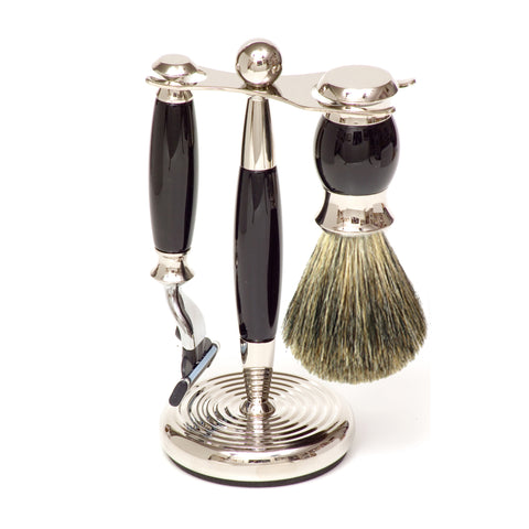 Shaving Set, 3-Piece Faux Ebony Pure Badger Shaving Brush, Mach3 Razor & Stand
